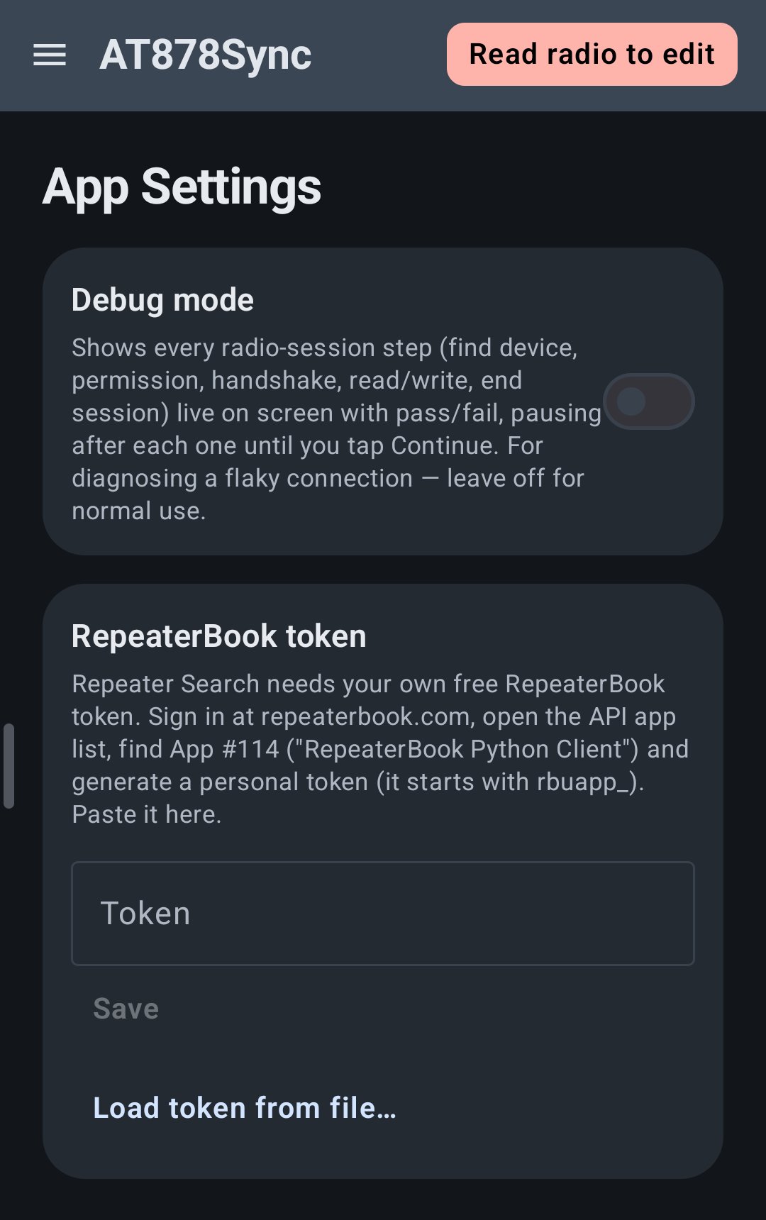 App Settings on a phone with the RepeaterBook token instructions