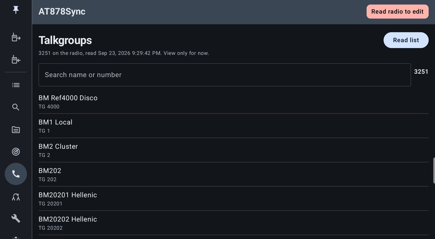 Talkgroups screen listing the radio's talkgroups with search
