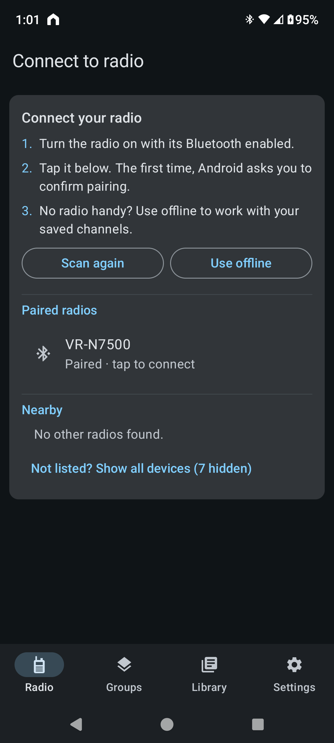 N7500 Dashboard connect screen with numbered steps, the paired VR-N7500 listed first, and a Not listed? Show all devices (7 hidden) button