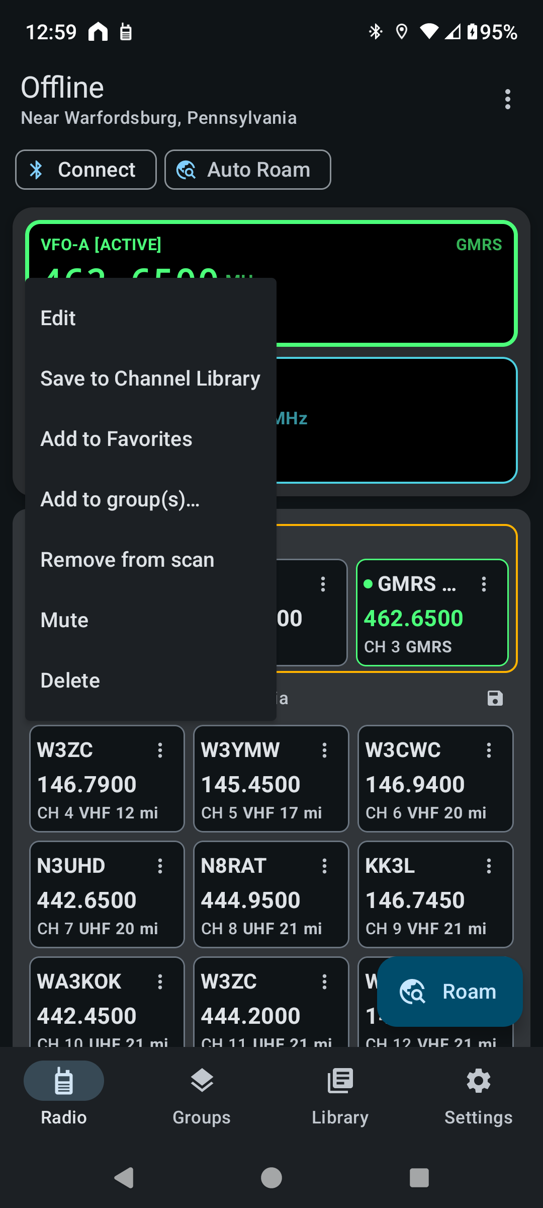 N7500 Dashboard's channel menu with Edit, Save to Channel Library, Add to Favorites, Add to group(s), Remove from scan, Mute, and Delete