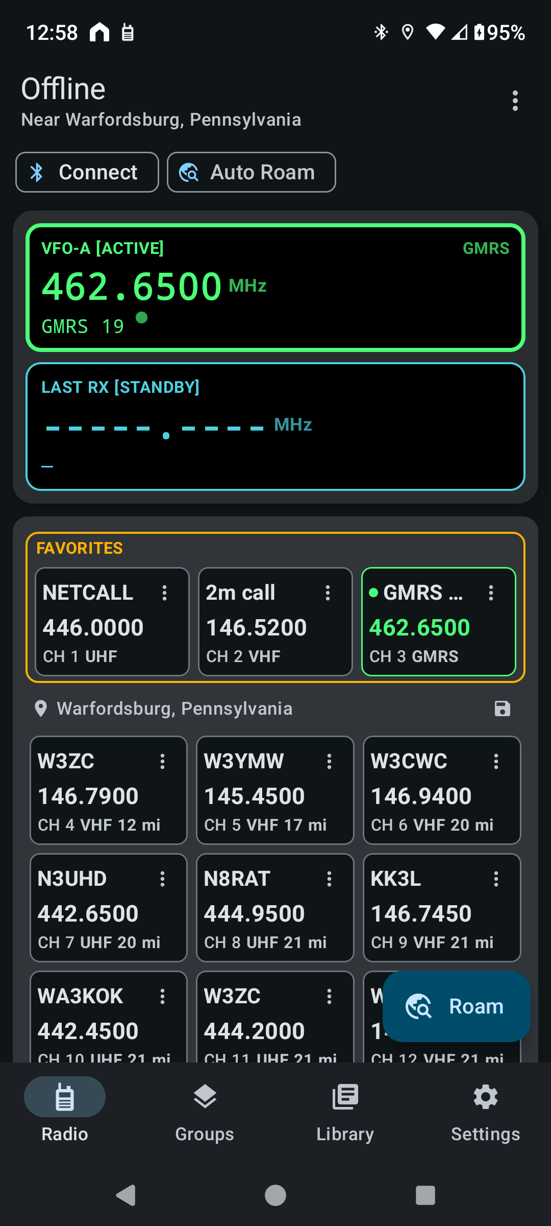N7500 Dashboard Radio screen in dark mode with the VFO display, Connect and Auto Roam buttons, and channel tiles showing distance to each repeater