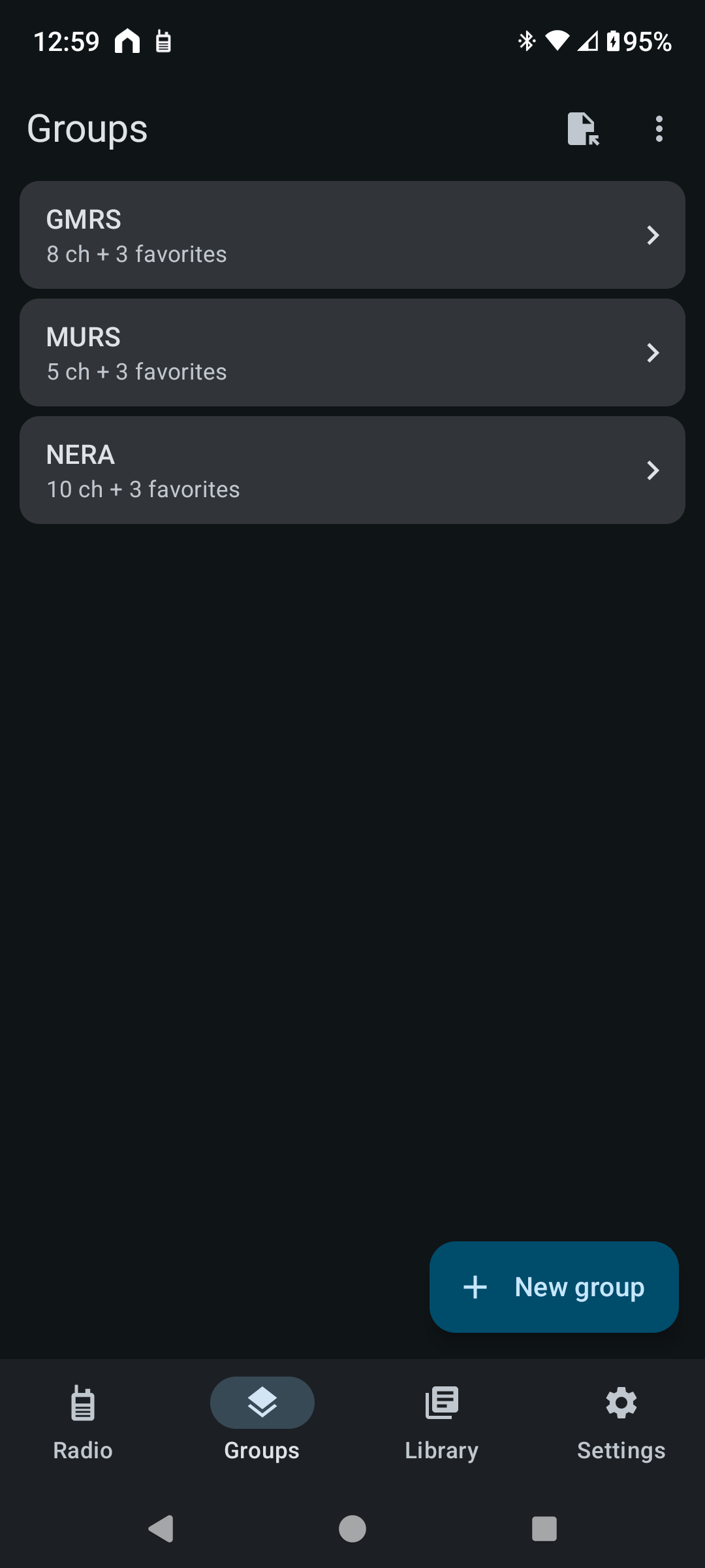 N7500 Dashboard Groups screen with GMRS, MURS, and NERA groups and a New group button