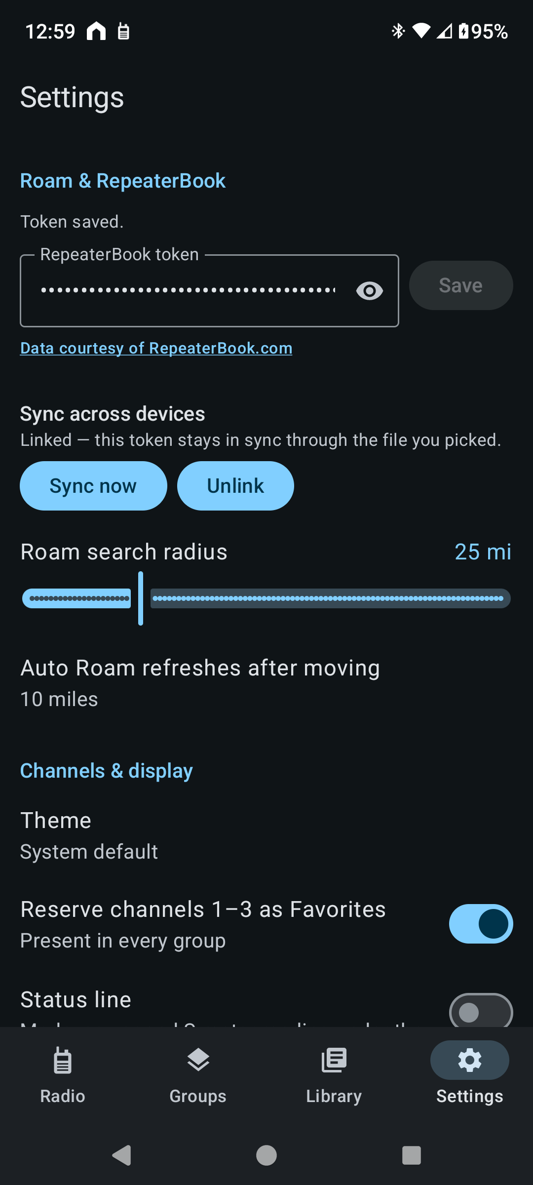 N7500 Dashboard Settings with the RepeaterBook token (hidden), Roam search radius, Auto Roam distance, and Theme