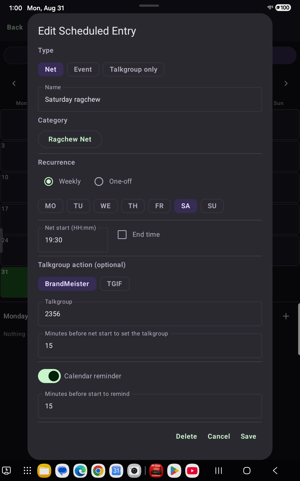 PiStarDash Scheduler edit screen for a recurring net with a BrandMeister talkgroup action